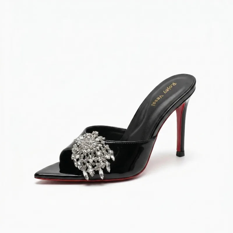 Summer new open toed rhinestone purple straight strap thin heel slippers with feminine feel,wearing crystal shoes and high heels