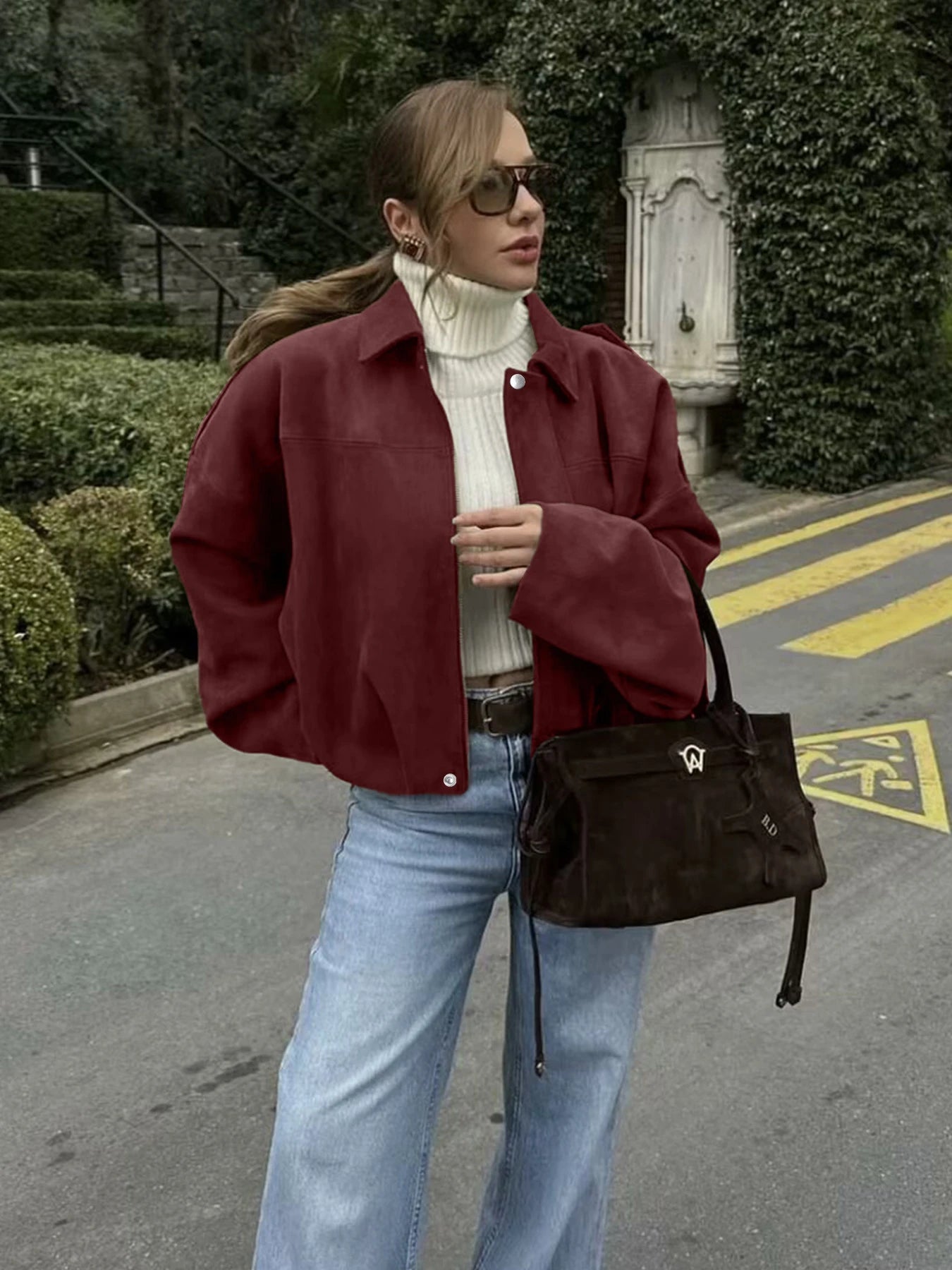 Women's Fashion Pilot Jacket with Bat Sleeves and Zipper, Casual Top