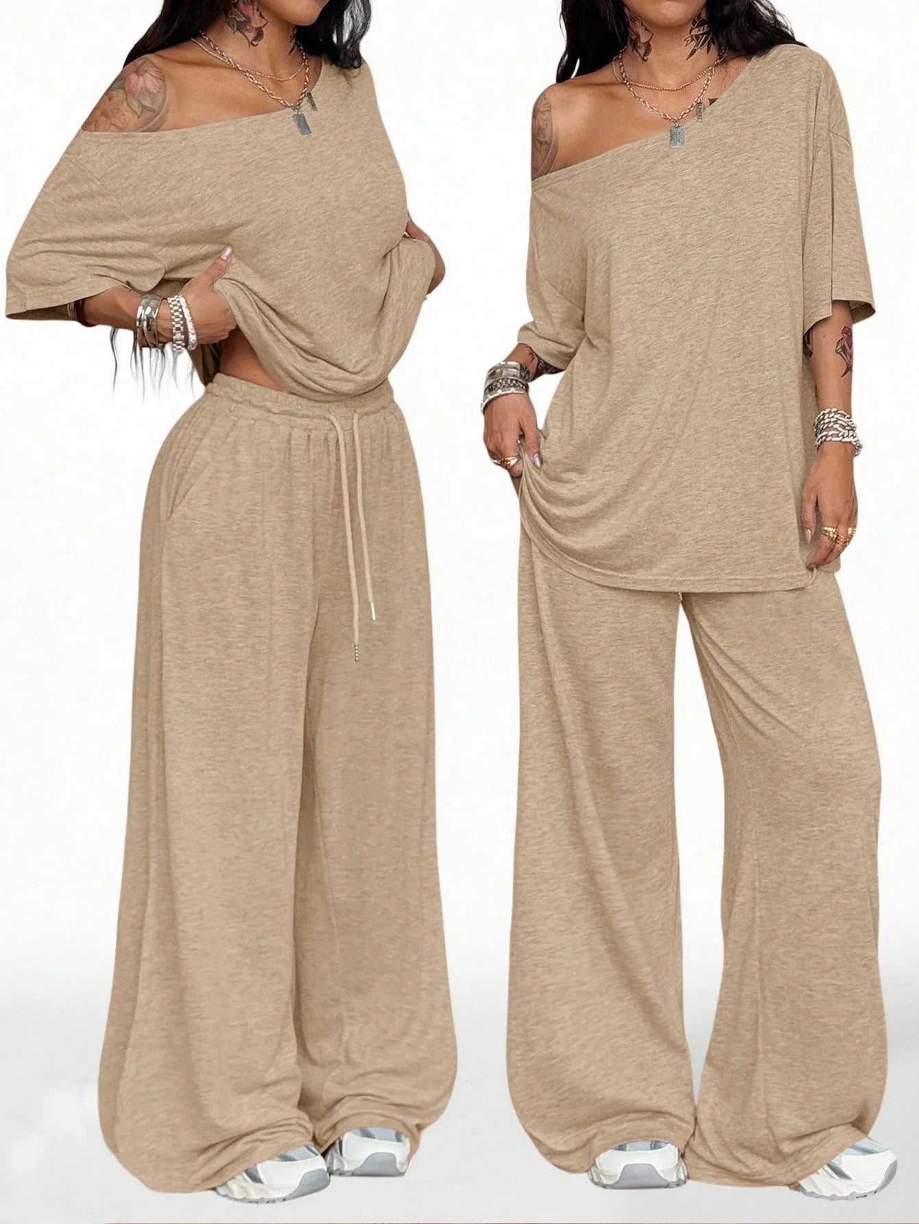 Women's Casual Solid Color Sports Two-Piece Loose Fit Pants Set with Slanted Hem and Wide Leg Design for Spring and Autumn