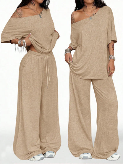 Women's Casual Solid Color Sports Two-Piece Loose Fit Pants Set with Slanted Hem and Wide Leg Design for Spring and Autumn