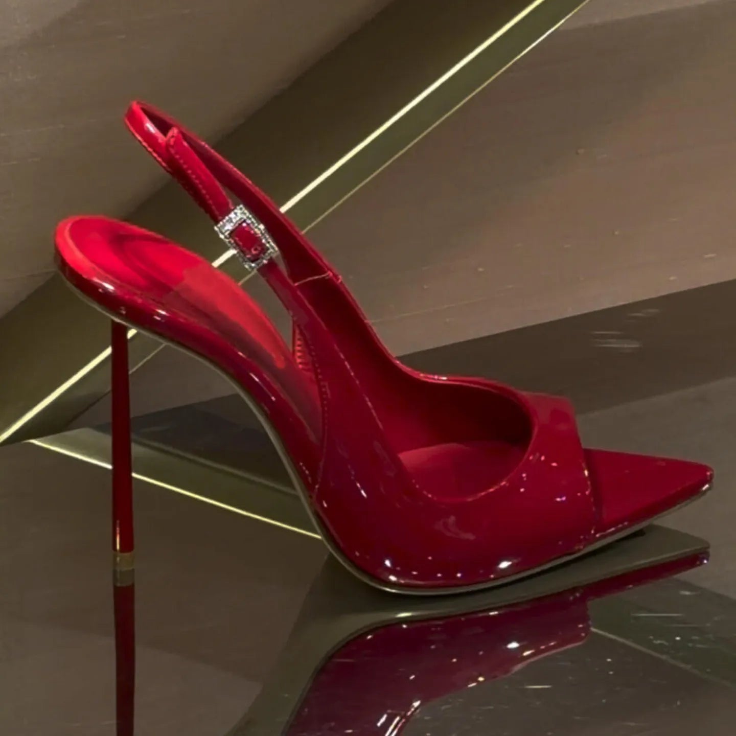 Red Patent Leather Pointed Toe Thin Heel High Heels Women's Spring 2026 New Style Sexy Buckle Back Hollow out Sandals