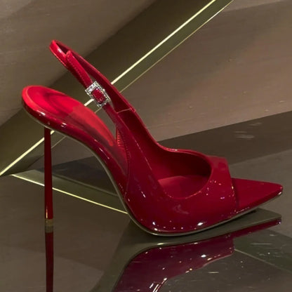 Red Patent Leather Pointed Toe Thin Heel High Heels Women's Spring 2026 New Style Sexy Buckle Back Hollow out Sandals