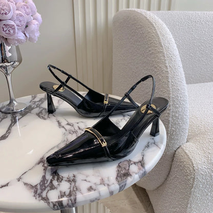 Luxury Pointed Sandals Burgundy Designer Patent Crisscross Straps Metal Decor Slim Heel Open-Back Fairy Sandals