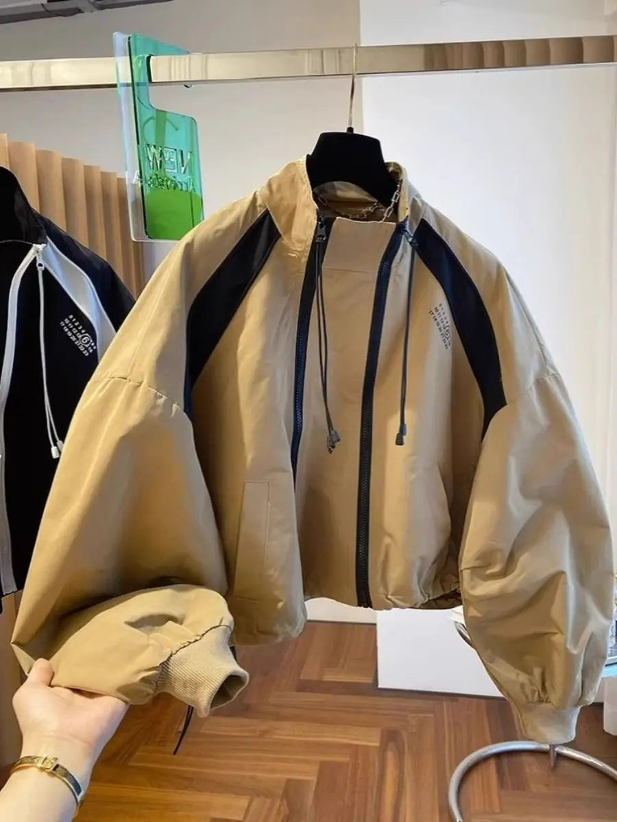 Design  niche loose casual stand up collar trench coat, women's spring and autumn short jacket double zipper