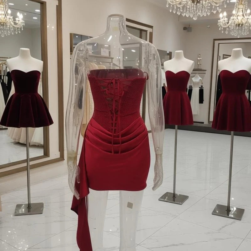 Suninheart Luxury Elegant Strapless Dress Corset Vestidos Sexy Red Satin Draped Dress Mini Women Wedding Cocktail Party Dresses