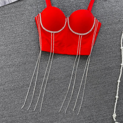 Women Chic Tassels  Pads Rhinestone Basic  Corset Straps Camis Slim  Hot Sexy Fashion Bare NavelBackless Tops Women Crop Top