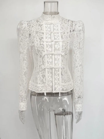 Tossy Summer Lace Printed Shirts Tops Female Hollow Out Fashion Commute Vintage See-Through Blouse Women's Lace Shrug Shirts New