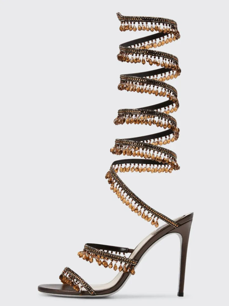 2024Women's New Water Diamond Sandals Fashion Tassel Crystal Shoes Sexy Banquet Party Twin Stiletto Women's Large Sandals