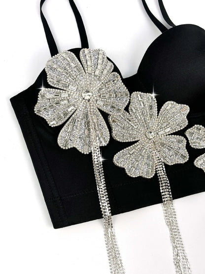 Fashion Women Diamonds Embroidery Flowers Tassel Bustier Corset Crop Tops To Wear suspender vest