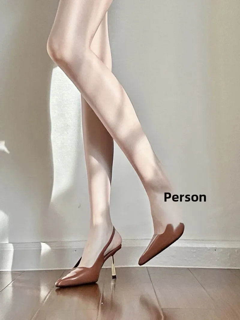 Black Pointed Toe High Heels Thin Heel Metal Cap Sandals Women's Shoes Elegant Painted Leather Sexy Fine Heel New 2025