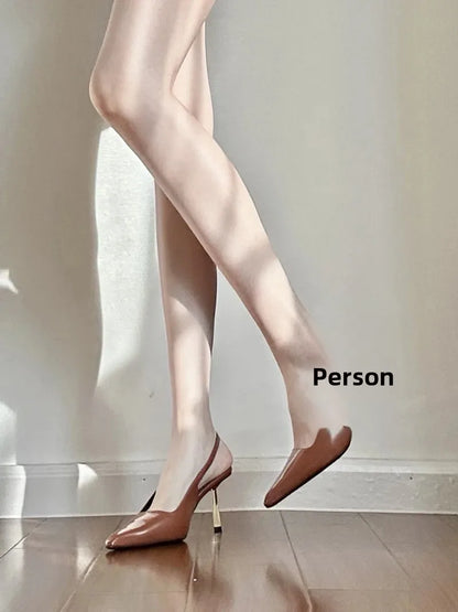 Black Pointed Toe High Heels Thin Heel Metal Cap Sandals Women's Shoes Elegant Painted Leather Sexy Fine Heel New 2025