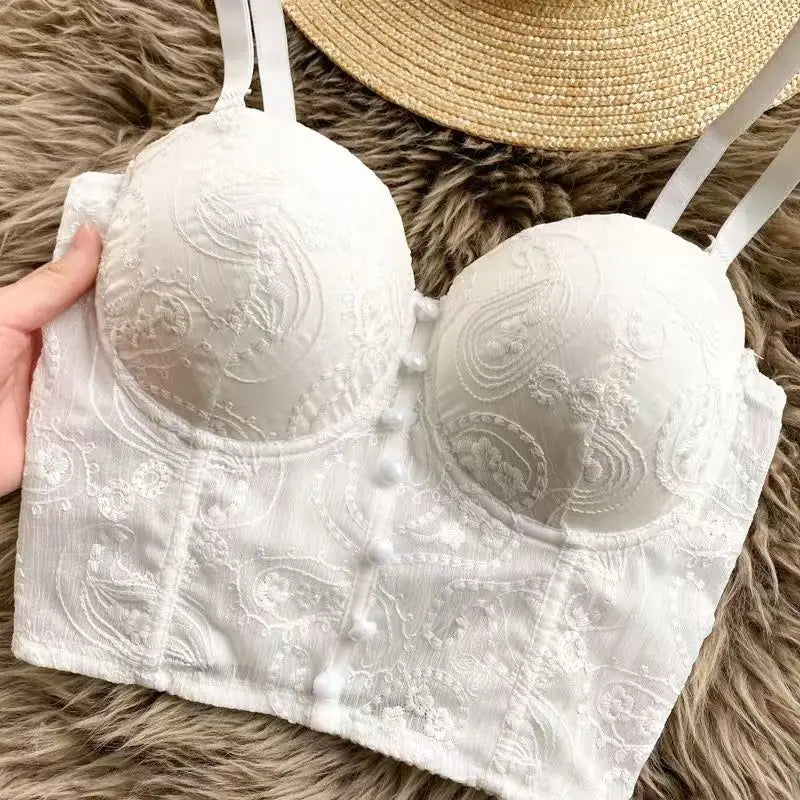 Women Crocheted 3D Lace Corset Stylish Floral Embroidery Bustier Push Up Bra Lady Tank Top Elegant Cropped Top Club Party Bralet