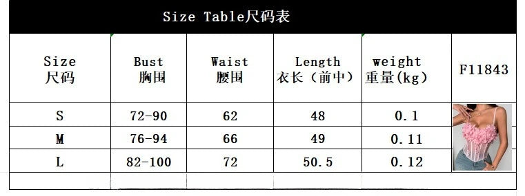 New women's slim fit vest, sexy women's transparent mesh fabric, three-dimensional floral decoration on the chest