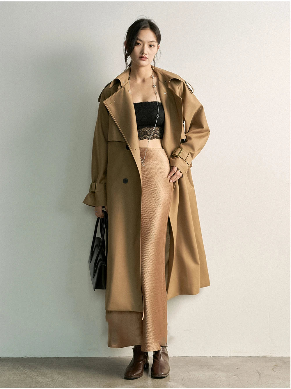 Lautaro Spring Autumn Khaki Long Trench Coat for Women Double Breasted Elegant Luxury Chic British Style Fashion Overcoat 2026