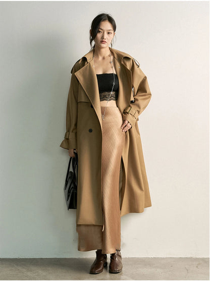 Lautaro Spring Autumn Khaki Long Trench Coat for Women Double Breasted Elegant Luxury Chic British Style Fashion Overcoat 2026