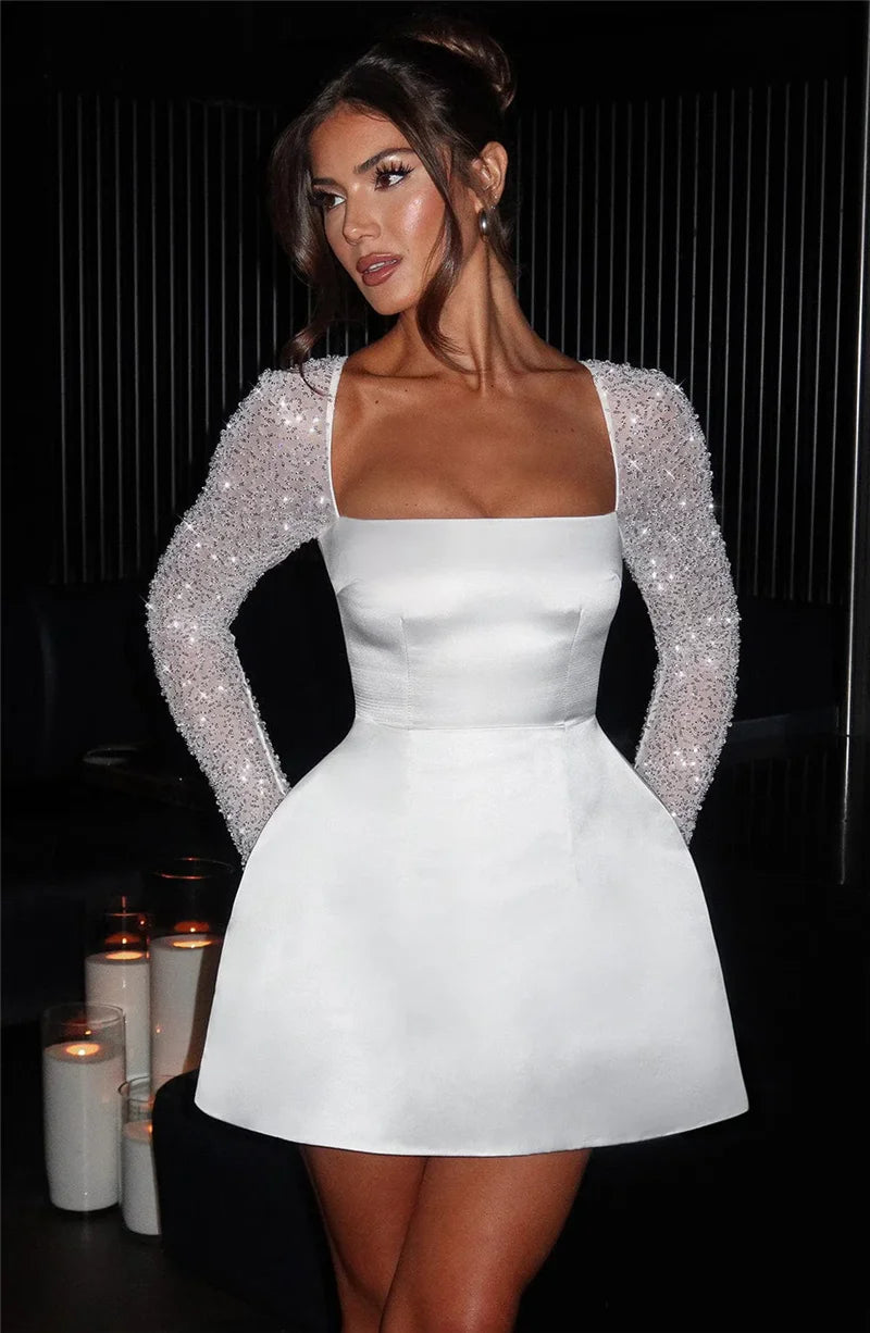 Mozision Glitter Long Sleeve Backless Sexy Mini Dress For Women Robe Square Collar Lace-up High Waist A-line Club Dress Elegant