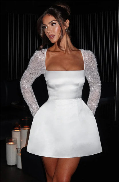 Mozision Glitter Long Sleeve Backless Sexy Mini Dress For Women Robe Square Collar Lace-up High Waist A-line Club Dress Elegant