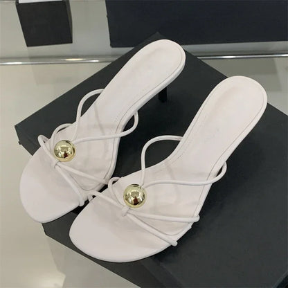 Aneikeh Fashion Low Thin Heels Design Narrow Band Women Slippers Narrow Band Round Head Sandal Mules Slides Shoes Zapatos Mujer