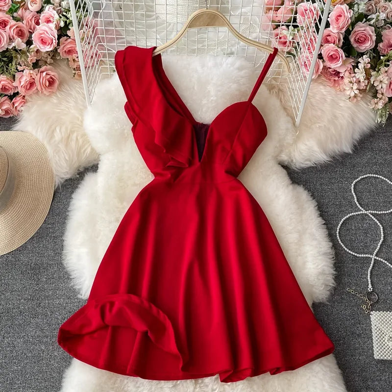 Ins Fashion Sexy Backless One Shoulder Strap Club Dress Chic High Waist A-line Mini Dress Women Red Party Dress