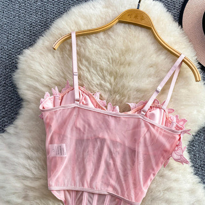 Slimming Floral Lace Crop Top Women's Summer Fashion Fishbone Design Strap Vest Breathable Short Style Sexy European Style