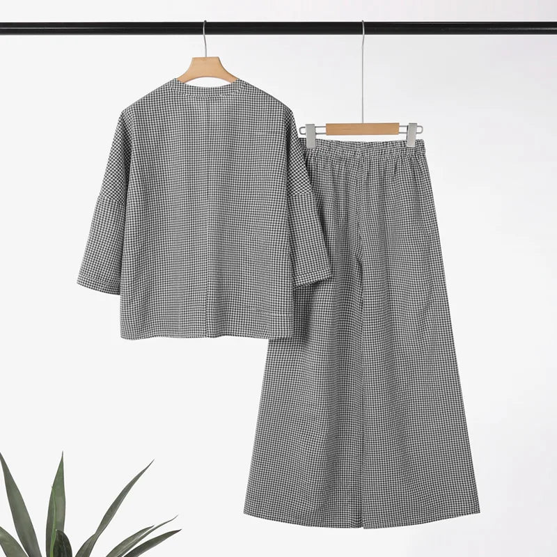 Women Pants Sets ZANZEA Fashion Summer 2 Piece Sets Plaid Outfits Casual Half Sleeve Blouse Wide Leg Trousers Street Tracksuit