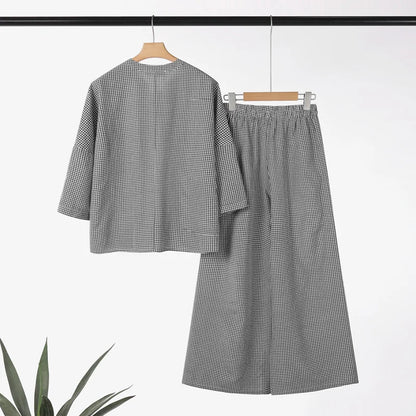 Women Pants Sets ZANZEA Fashion Summer 2 Piece Sets Plaid Outfits Casual Half Sleeve Blouse Wide Leg Trousers Street Tracksuit