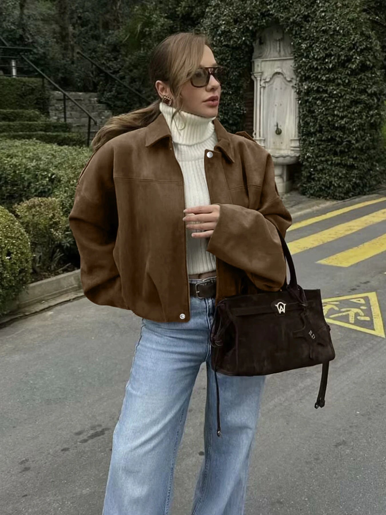 Women's Fashion Pilot Jacket with Bat Sleeves and Zipper, Casual Top