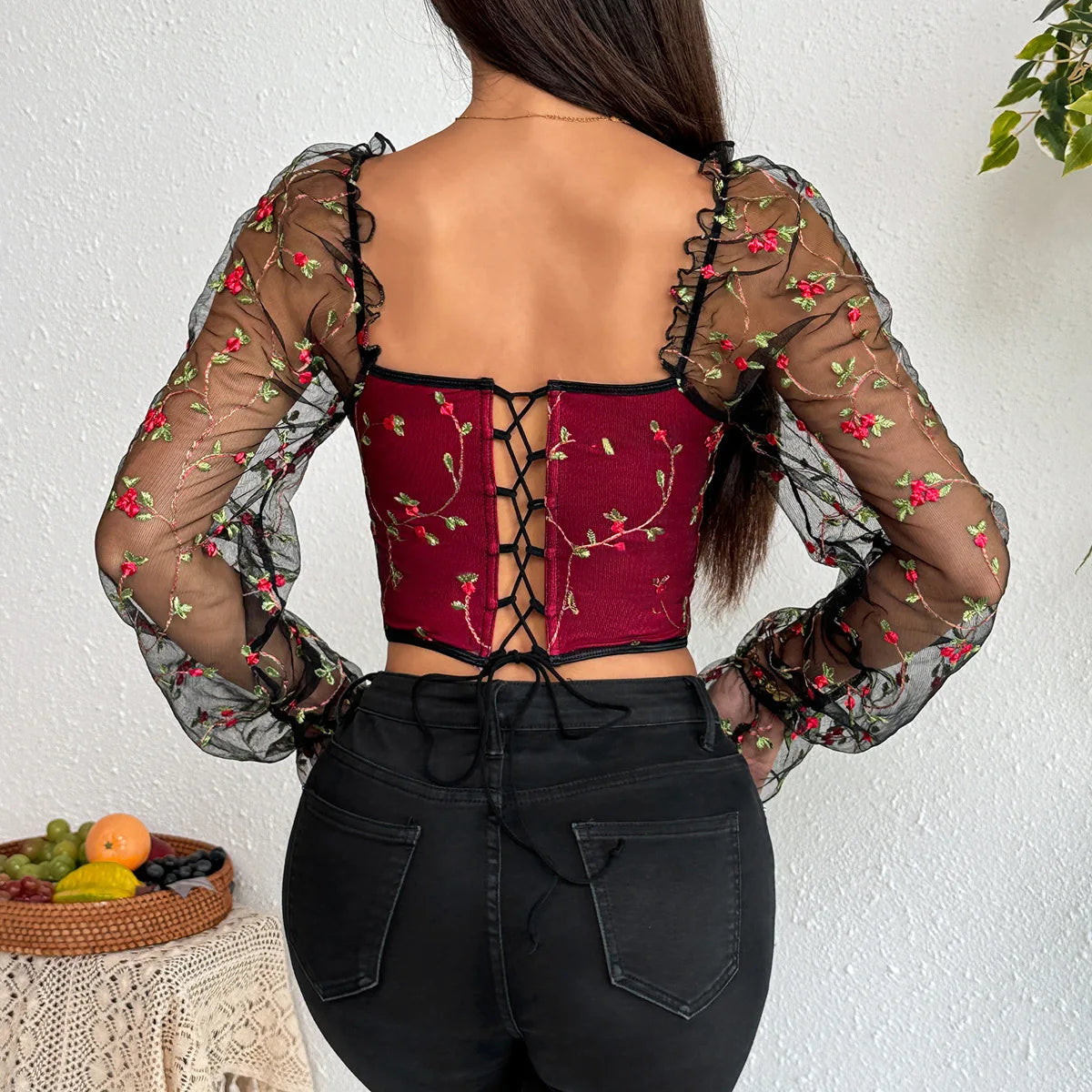 Sexy Spicy Girl Mesh Long Sleeve Corsets Shaper Flower Embroidery Bustiers Fishbone Slim Fit Fashion Versatile Women Corset Top