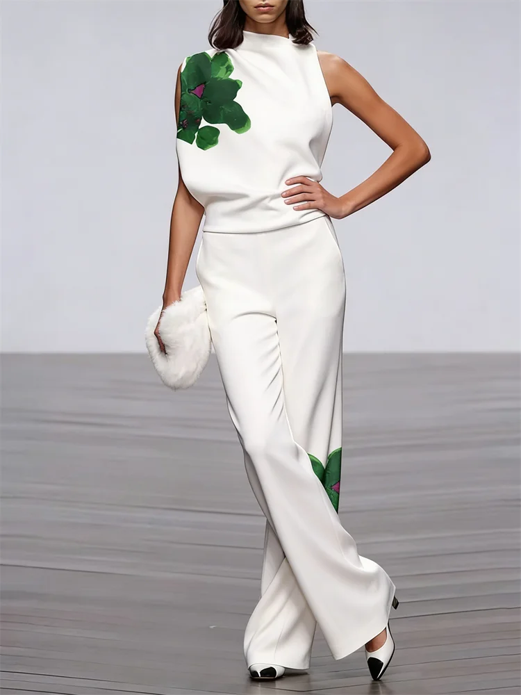 UOOZEE 2025 New Summer Women's 2 Piece Sets Fashion Floral Printed High Neck One-shoulder Tops & High Waisted Straight Leg Pants
