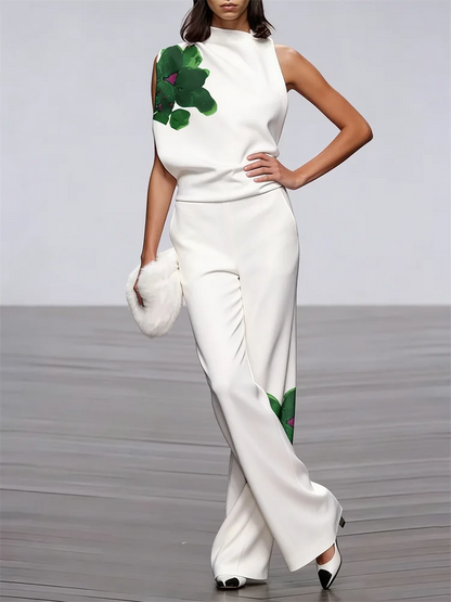 UOOZEE 2025 New Summer Women's 2 Piece Sets Fashion Floral Printed High Neck One-shoulder Tops & High Waisted Straight Leg Pants