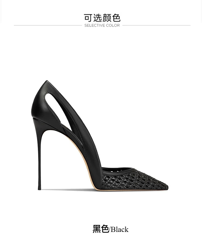 Summer New Women's Black Leather Woven Fashionable and Sexy Pointed Thin Heel High-heeled Shoes