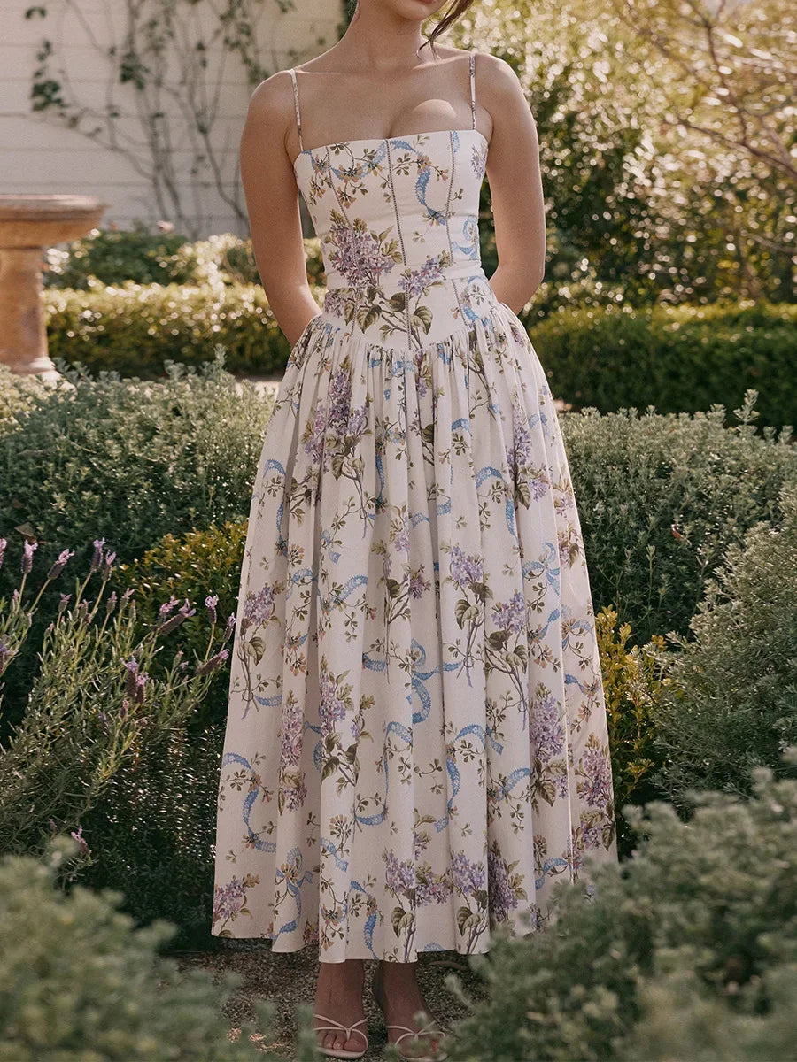 Oligai Floral Print Midi Sundress Elegant Spaghetti Strap Flowy Dress Aussie Summer Women Boho Chic Beach Dress