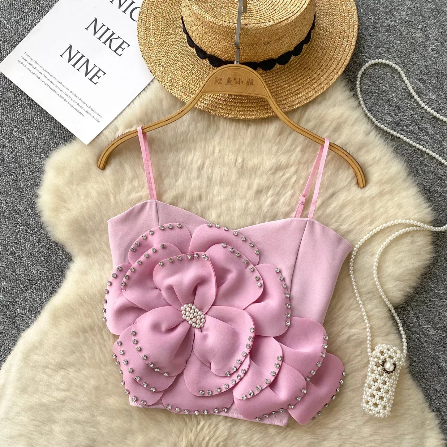 New French Sweet Strap Camisole Strapless 3D Floral Beading Diamonds Design Tops Elastic Ruched Slim Streetwear Tank Top