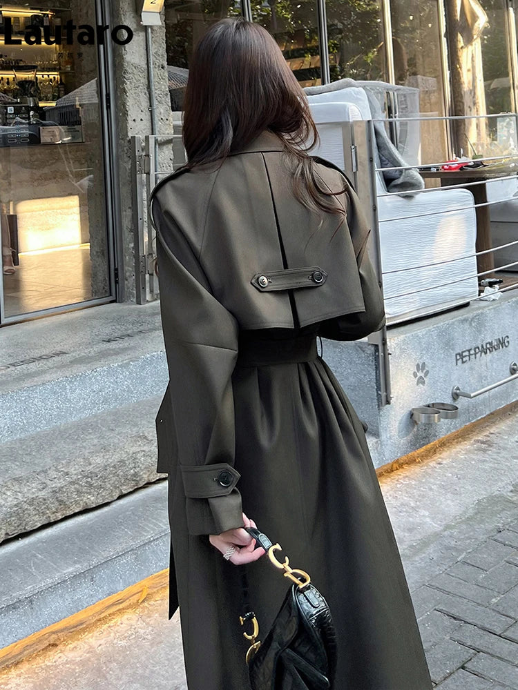 Lautaro Spring Autumn Long Trench Coat for Women with Belt Raglan Sleeve Elegant High Quality Chic Luxury Designer Clothing 2026