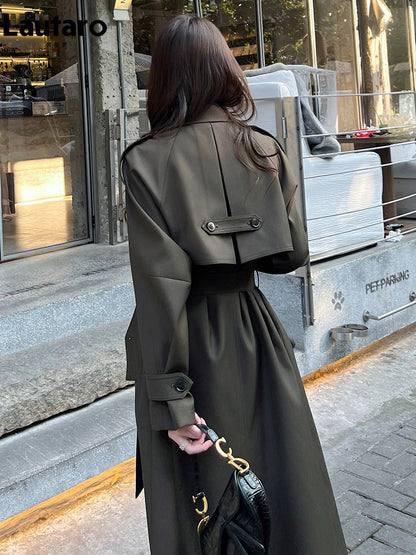 Lautaro Spring Autumn Long Trench Coat for Women with Belt Raglan Sleeve Elegant High Quality Chic Luxury Designer Clothing 2026