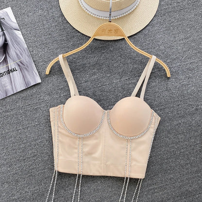 Women Chic Tassels  Pads Rhinestone Basic  Corset Straps Camis Slim  Hot Sexy Fashion Bare NavelBackless Tops Women Crop Top