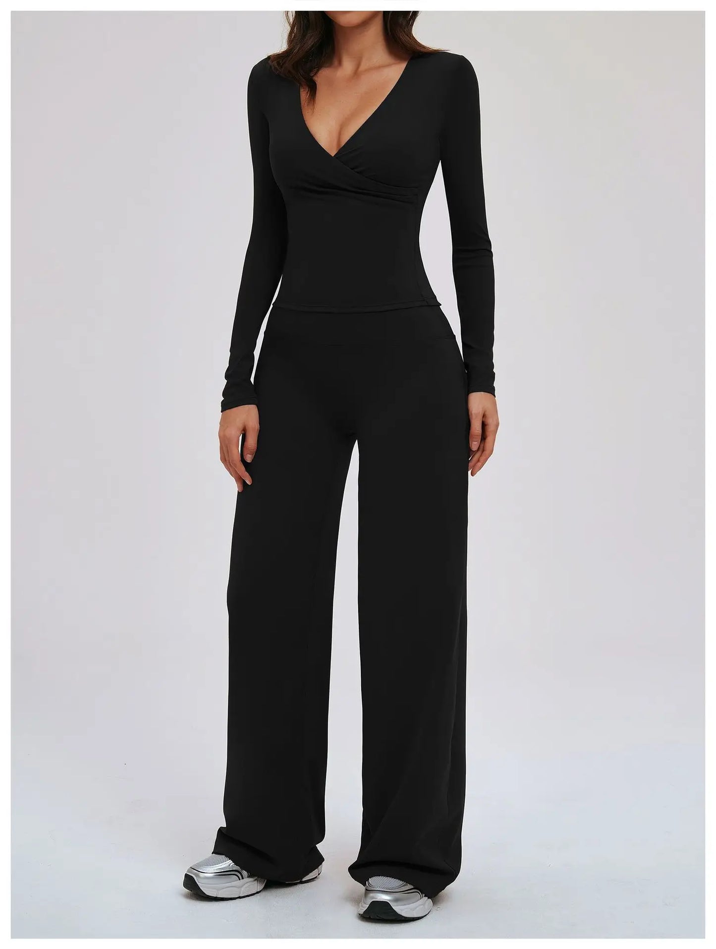 2PCS Gym Tracksuits Yoga Set Female Fitness Suit Deep V Yoga Bra Athletic Wear Women High Waist Workout Flared pants Sports Suit