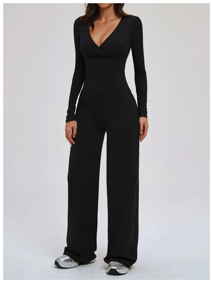 2PCS Gym Tracksuits Yoga Set Female Fitness Suit Deep V Yoga Bra Athletic Wear Women High Waist Workout Flared pants Sports Suit