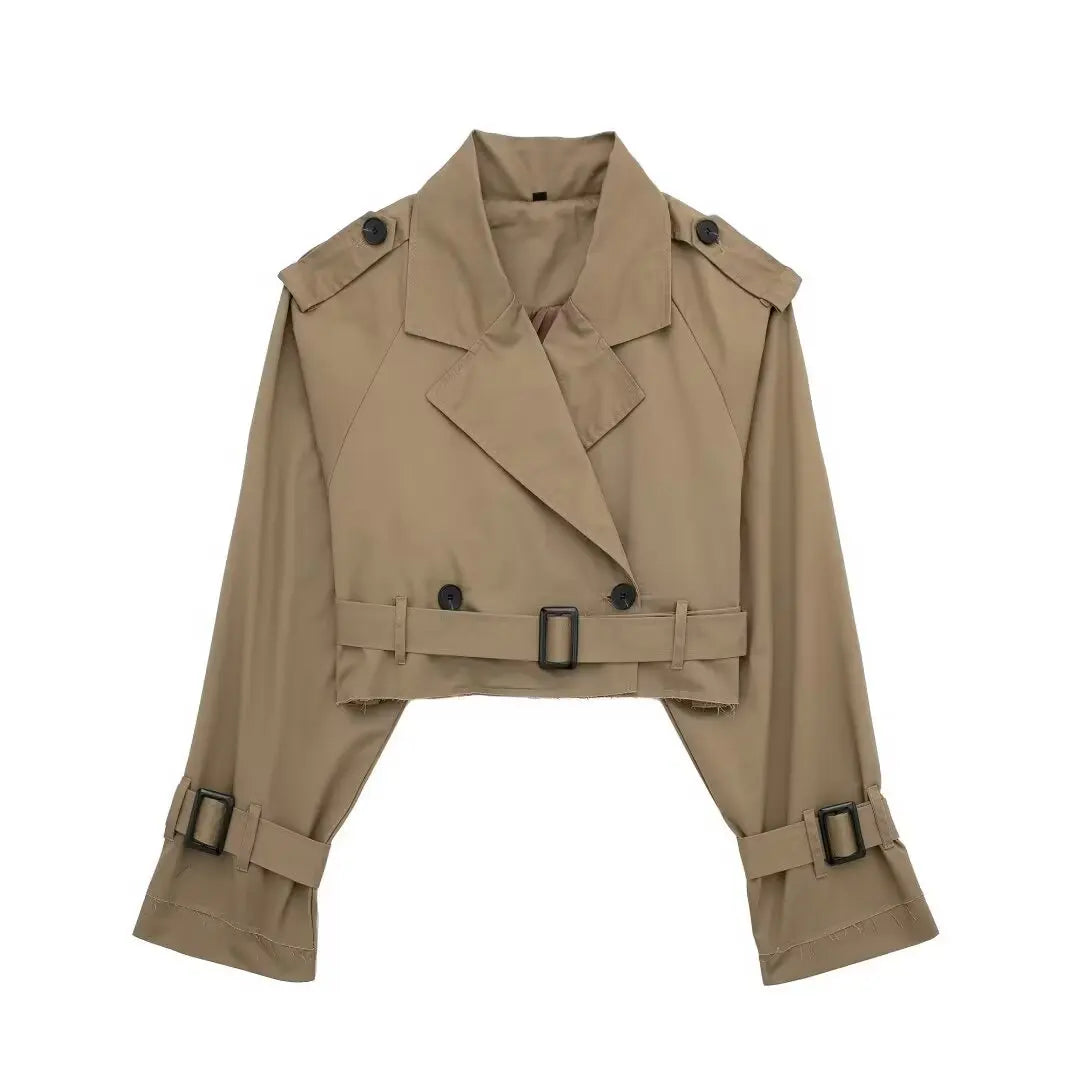 HH 2025 Women Belt Cropped Trench Spring Jacket Vintage Streetwear Double Breasted Long Sleeve Top Female Coat Outfits