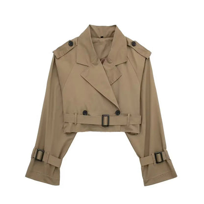 HH 2025 Women Belt Cropped Trench Spring Jacket Vintage Streetwear Double Breasted Long Sleeve Top Female Coat Outfits