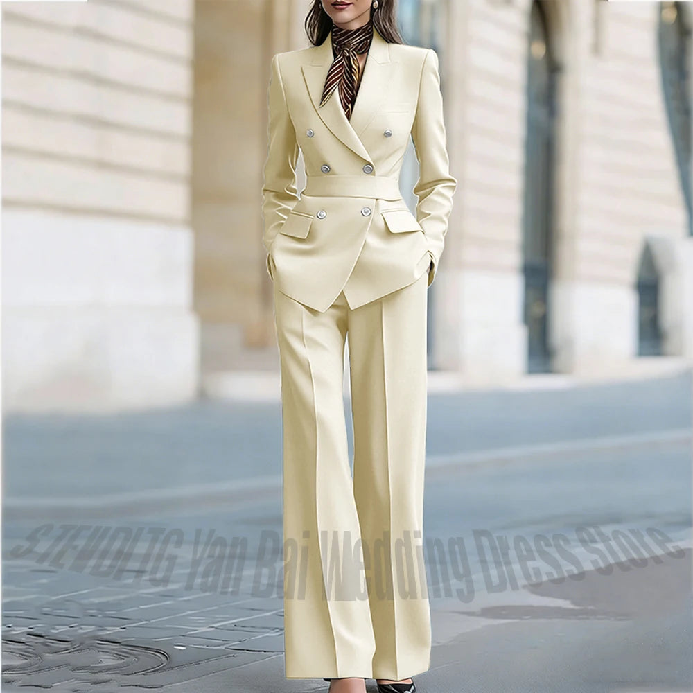 Customized Straight Women's Suits Two Pieces Classic Double Breasted Solid Color High Street Business Casual Office Suit Set