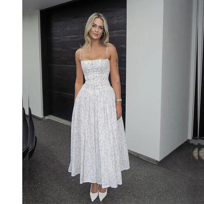 Oligai Floral Print Midi Sundress Elegant Spaghetti Strap Flowy Dress Aussie Summer Women Boho Chic Beach Dress