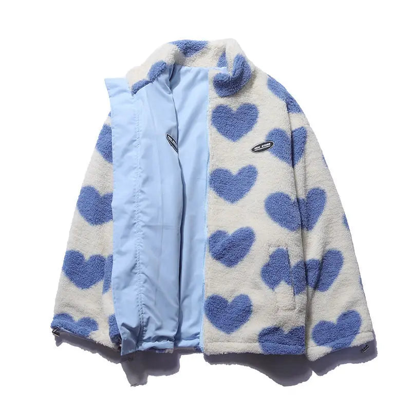 Double-Sided Wear Thickened Lamb Fur Heart Pattern Cotton Jacket Couple's Two-Way Wear Casual Warm Zipper Closure Long Sleeve...