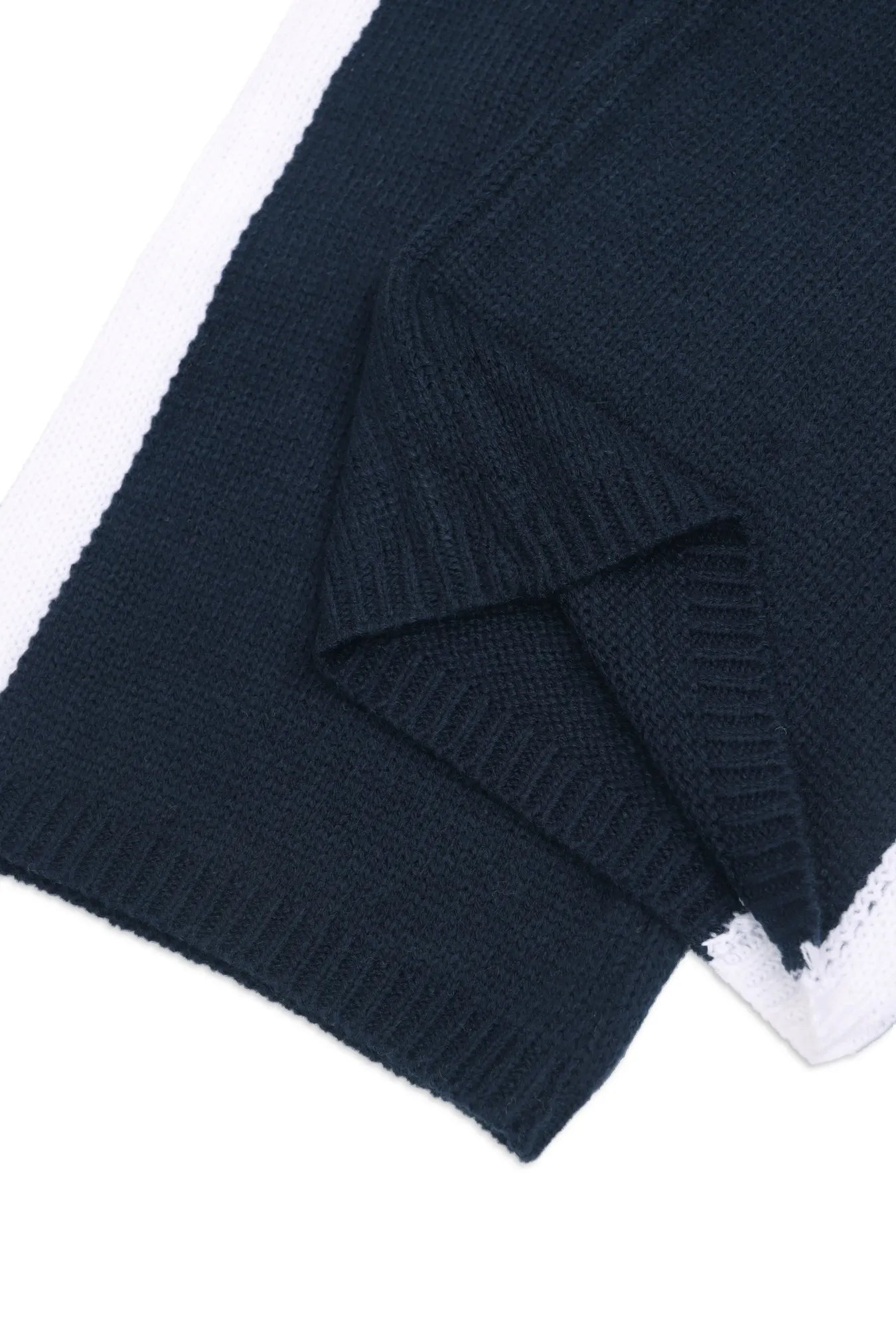 Women's Two-Piece Knit Set Contrast Trim Cardigan & Wide-Leg Pants Casual Loungewear (White/Navy Blue)