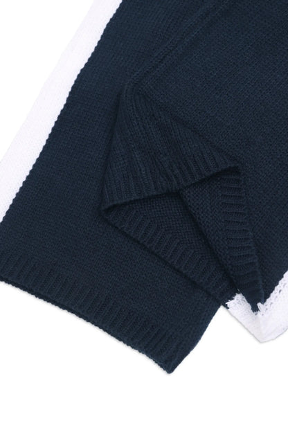 Women's Two-Piece Knit Set Contrast Trim Cardigan & Wide-Leg Pants Casual Loungewear (White/Navy Blue)