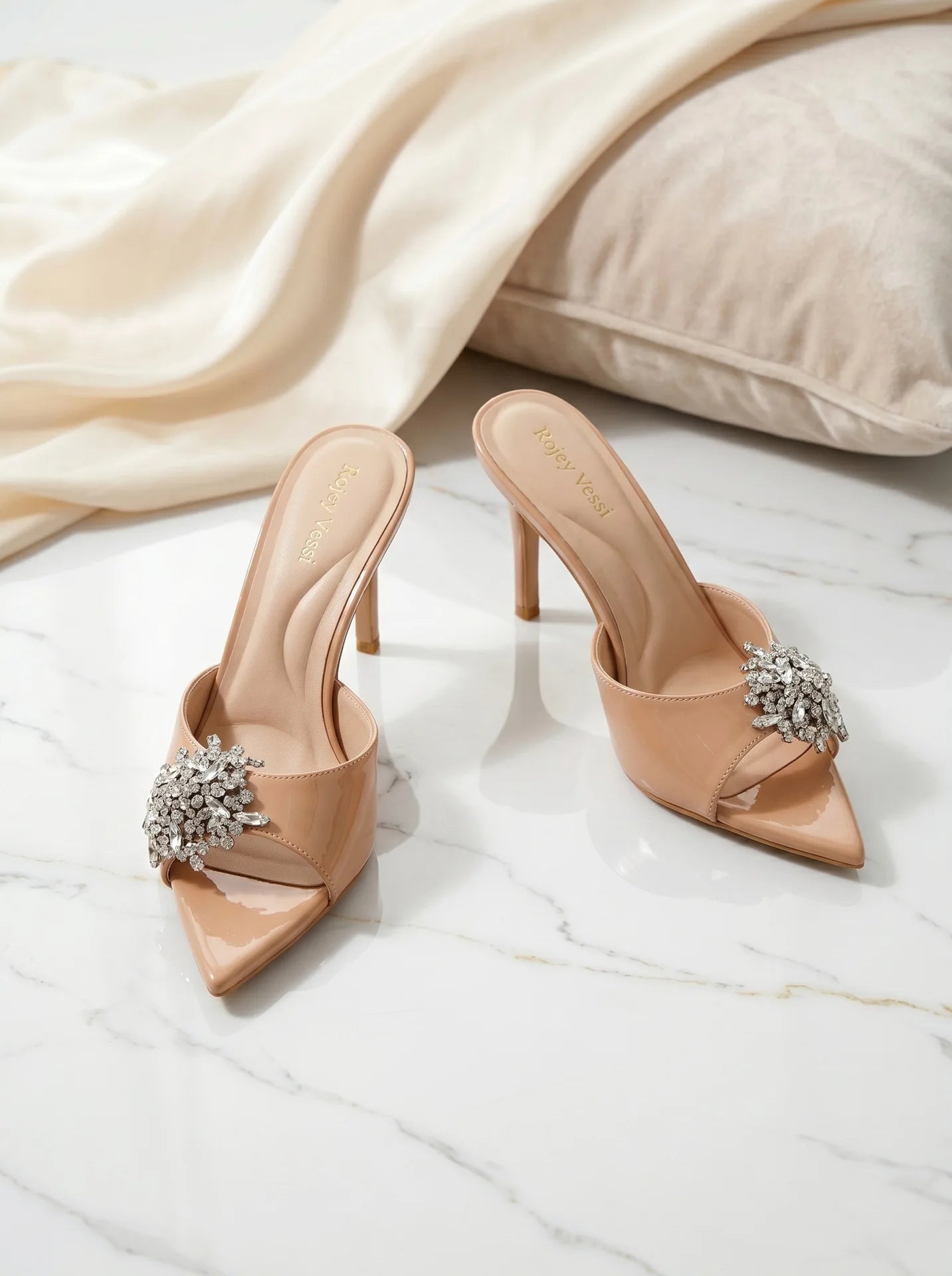 Summer new open toed rhinestone purple straight strap thin heel slippers with feminine feel,wearing crystal shoes and high heels