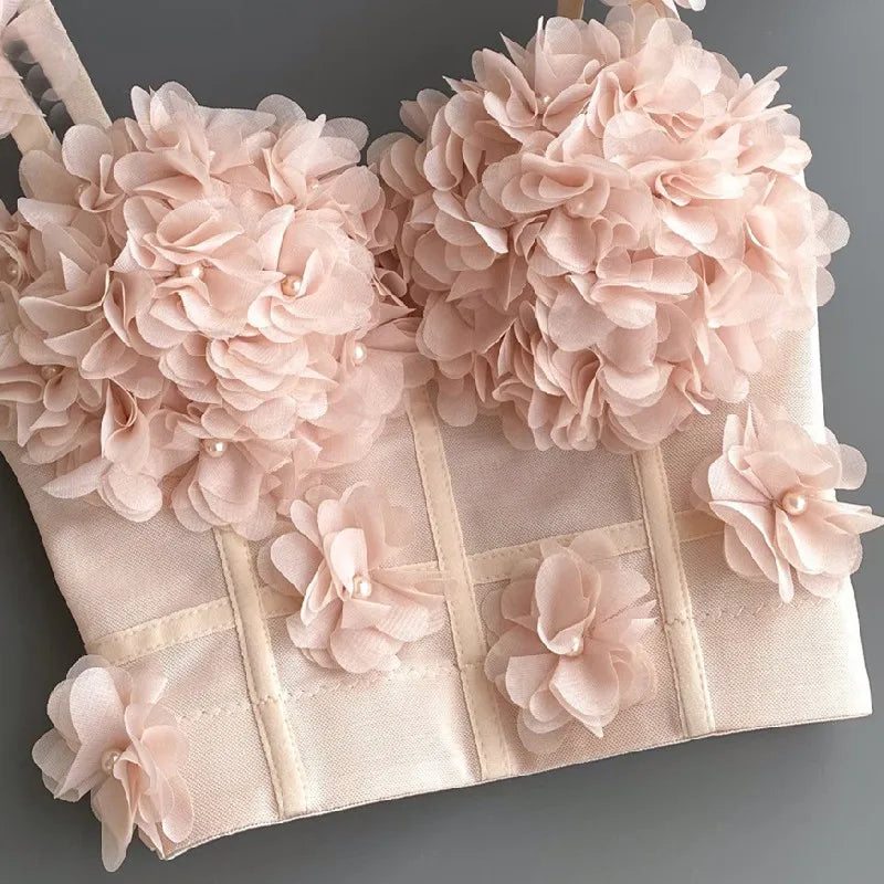 Sexy Beachwear Corset 3D Floral Applique Cute Women Deading Design Bustier Ladies Event Party Crop Top Short French Sweet Cami