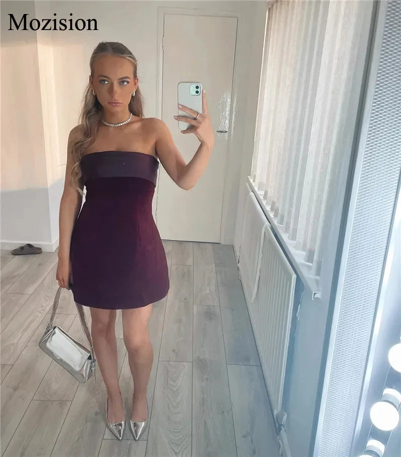 Mozision Strapless Backless Sexy Mini Dress Women Fashion With Zipper Off-shoulder Sleeveless A-line Bodycon Club Party Dress