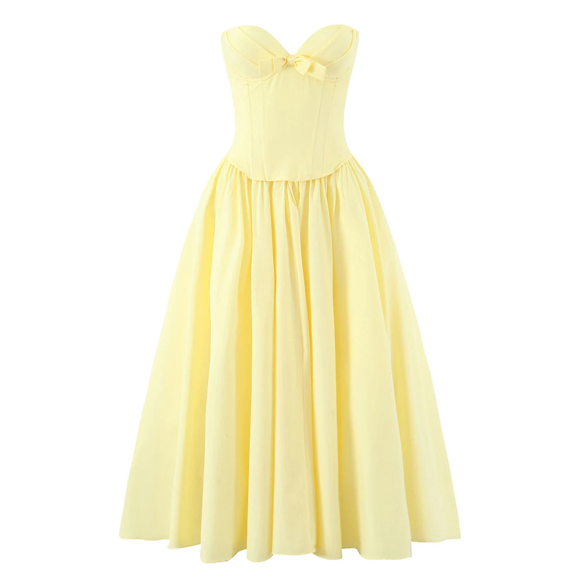 3 colors Sexy Wire Chest Boning Slim Waist Long Strapless Dress Women Cross Lacing up Back Ruched Hem Swing Party Vestido Yellow