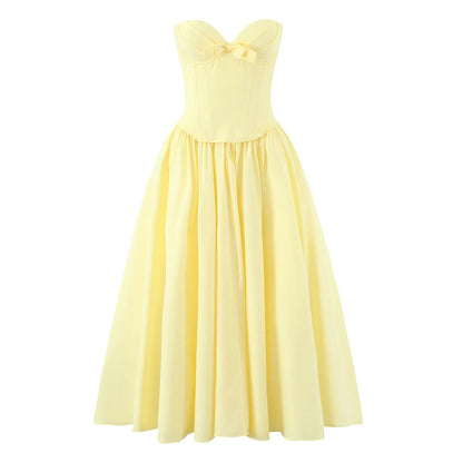 3 colors Sexy Wire Chest Boning Slim Waist Long Strapless Dress Women Cross Lacing up Back Ruched Hem Swing Party Vestido Yellow